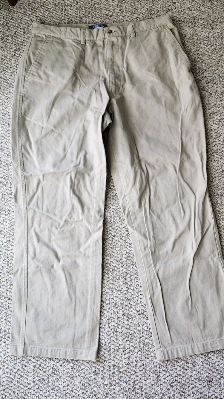 Premier International Men's Khaki Pants W36 x L30 Beige Flat Front Cotton #615